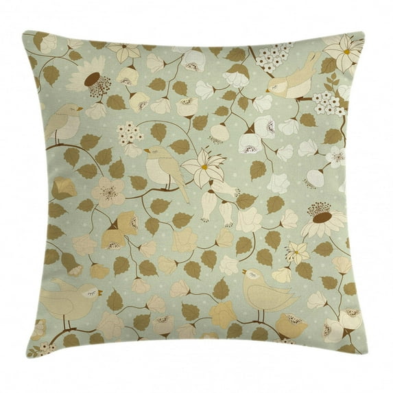 Floral Throw Pillow Cushion Cover, Vintage Retro Swirls Ivy Flowers Birds Symbol of Romantic Era, Decorative Square Accent Pillow Case, 16 X 16 Inches, Pistachio Green Khaki and White, by Ambesonne