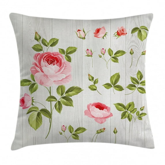 Floral Throw Pillow Cushion Cover, Vintage Rose Petals over Wooden Board Background Wedding Romance Artsy Design, Decorative Square Accent Pillow Case, 16 X 16 Inches, Baby Pink Khaki, by Ambesonne