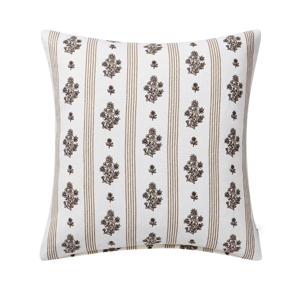 Floral Throw Pillow Set, 18"x18" Brown Striped Boho Linen Cushion, Vintage Block Print Farmhouse Decorative Pillow for Indoor Outdoor Couch Sofa Bed Home