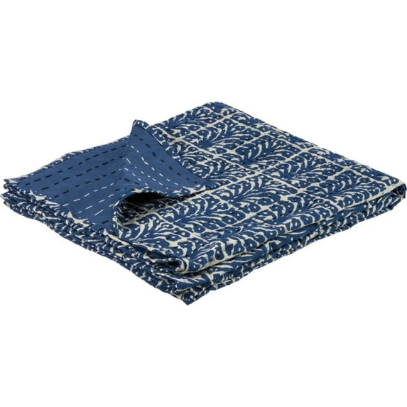 Floral Throw in Indigo with Kantha-Stitched Patterns