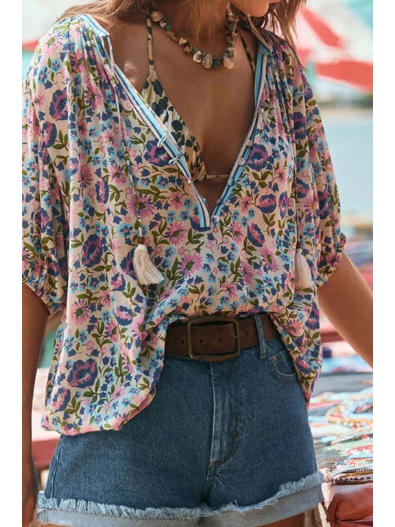 Floral Tie Neck Half Sleeve Blouse