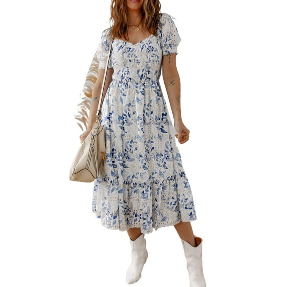 Floral Tiered Midi Dress in Sky Blue – Short Puff Sleeves, Ideal for Women’s Summer Outfits, M