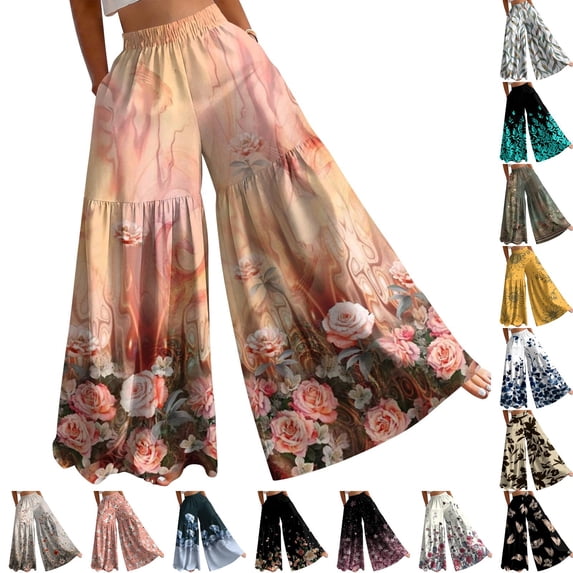 Floral Tiered Palazzo Pants for Women - High Waist Elastic Wide Leg Trousers, Flowy Boho Beach Bottoms for Women's Summer Vacation & Resort Wear Army Green L