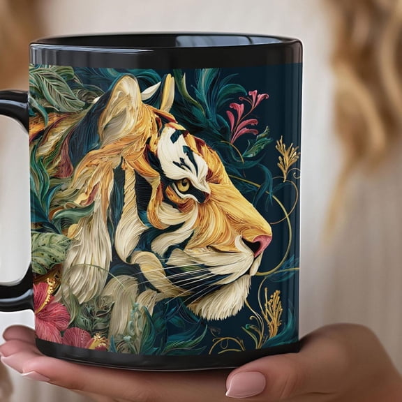 Floral Tiger Portrait, Quilled Look Design | Black Ceramic Mug, Morning Coffee Cup, Tiger in Flowers