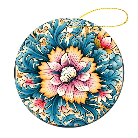 Floral Tile Ceramics Ornaments Colorful Retro Style Double-Sided Ceramics Ornaments Keepsake Funny Christmas Hanging Tree Decor Ornament for Woman Friend Birthday