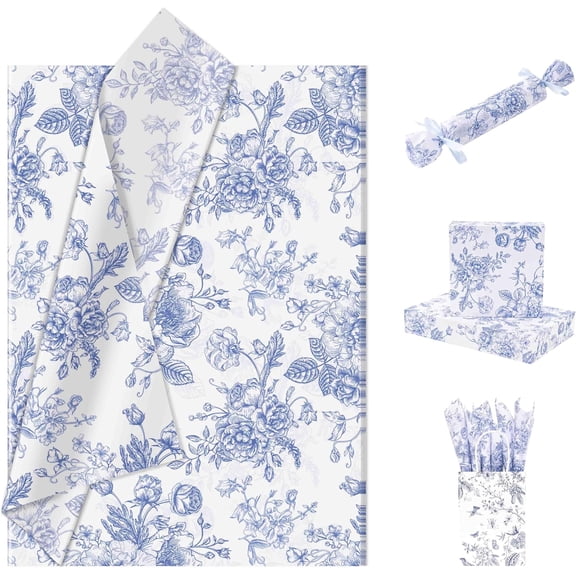 Floral Tissue Paper Bulk, Vintage Blue & White Flower Tissue Paper for Gift Bags, Wrapping, Crafts, Decoupage Art Packing Supplies for Weddings, Birthdays, Holidays Decor, 30 Sheets 20x14in