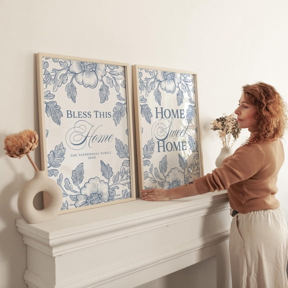 Floral Toile Home Posters Blue Chinoiserie Decor, Set 2, Poster Only