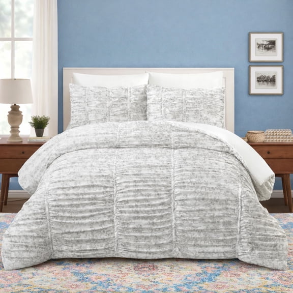Floral Toile Ruched Textured 2-Piece Gray/White Comforter Set - All Ages, Twin/Twin XL