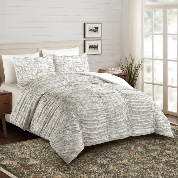 Floral Toile Ruched Textured 2-Piece Gray/White Comforter Set - All Ages, Twin/Twin XL