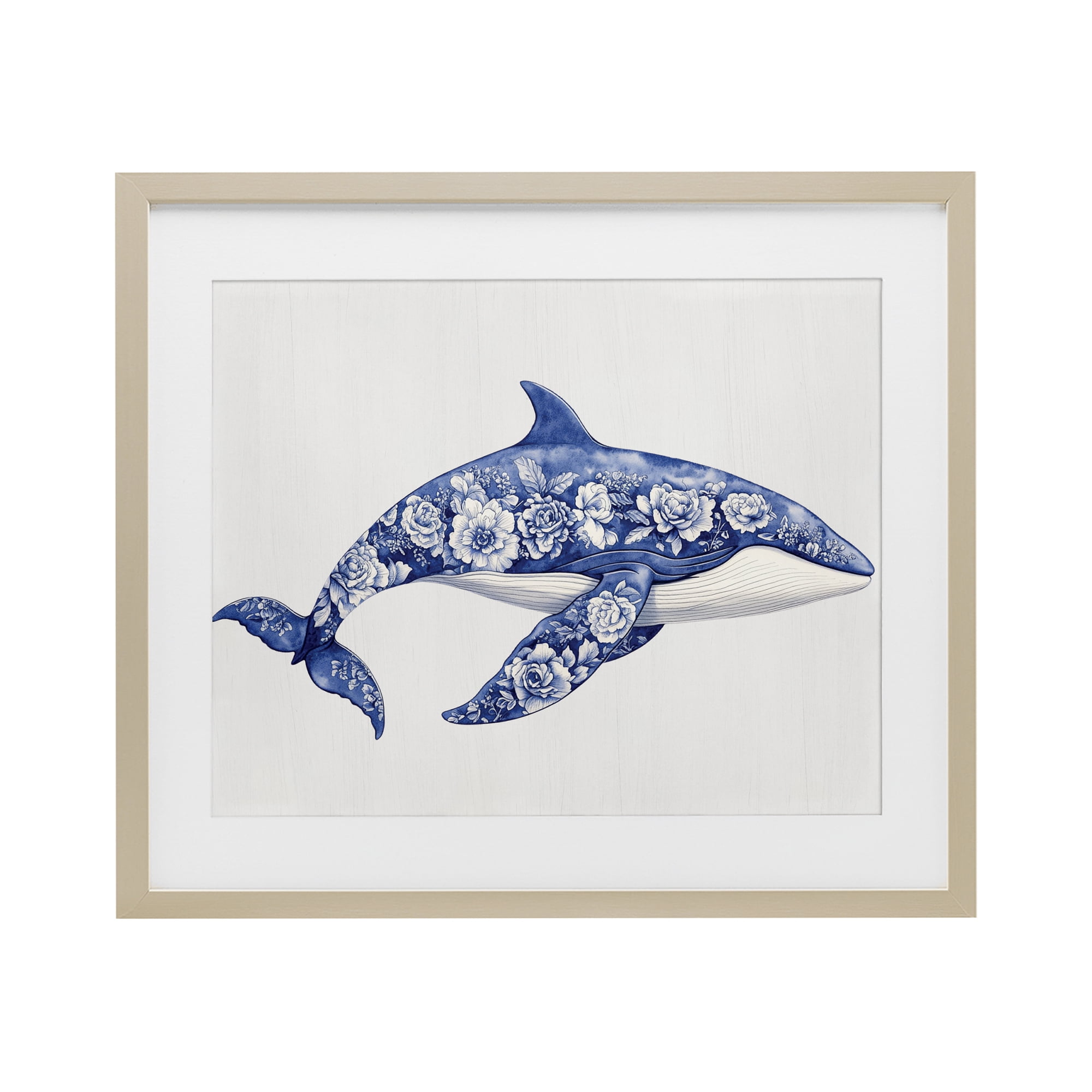 Floral Toile Whale Birch Framed Print Under Glass, design by Lettered and Lined