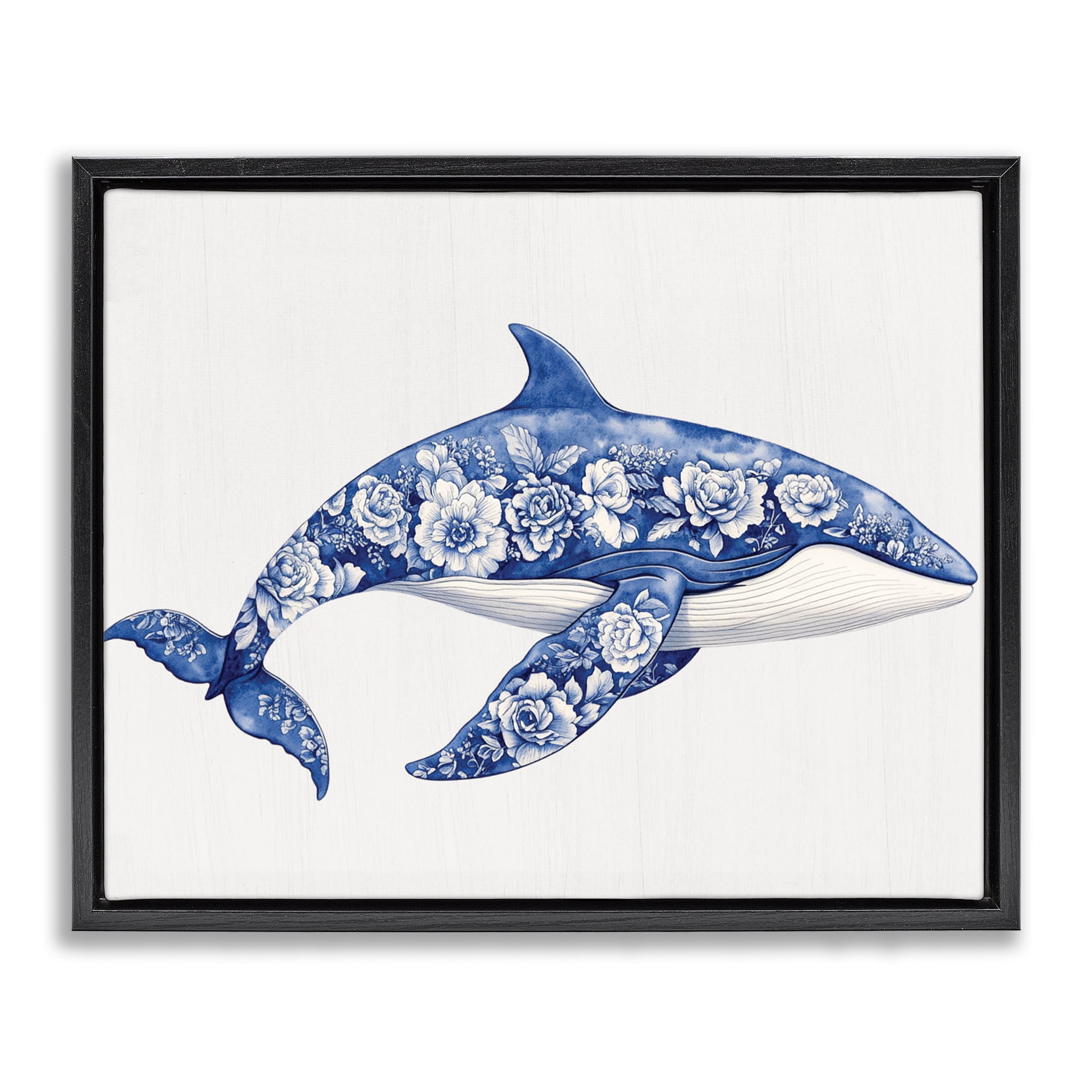 Floral Toile Whale Black Framed Floater Canvas Wall Art, design by Lettered and Lined