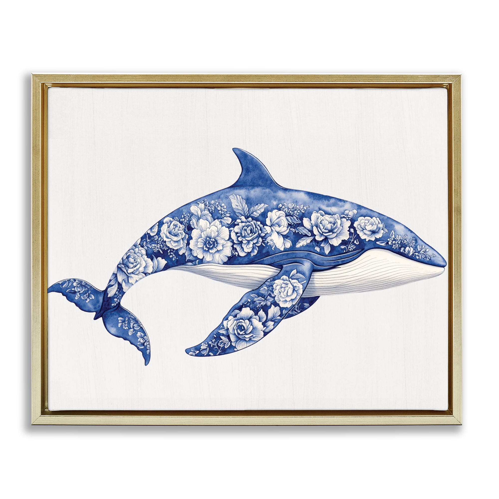 Floral Toile Whale Gold Framed Floater Canvas Wall Art, design by Lettered and Lined