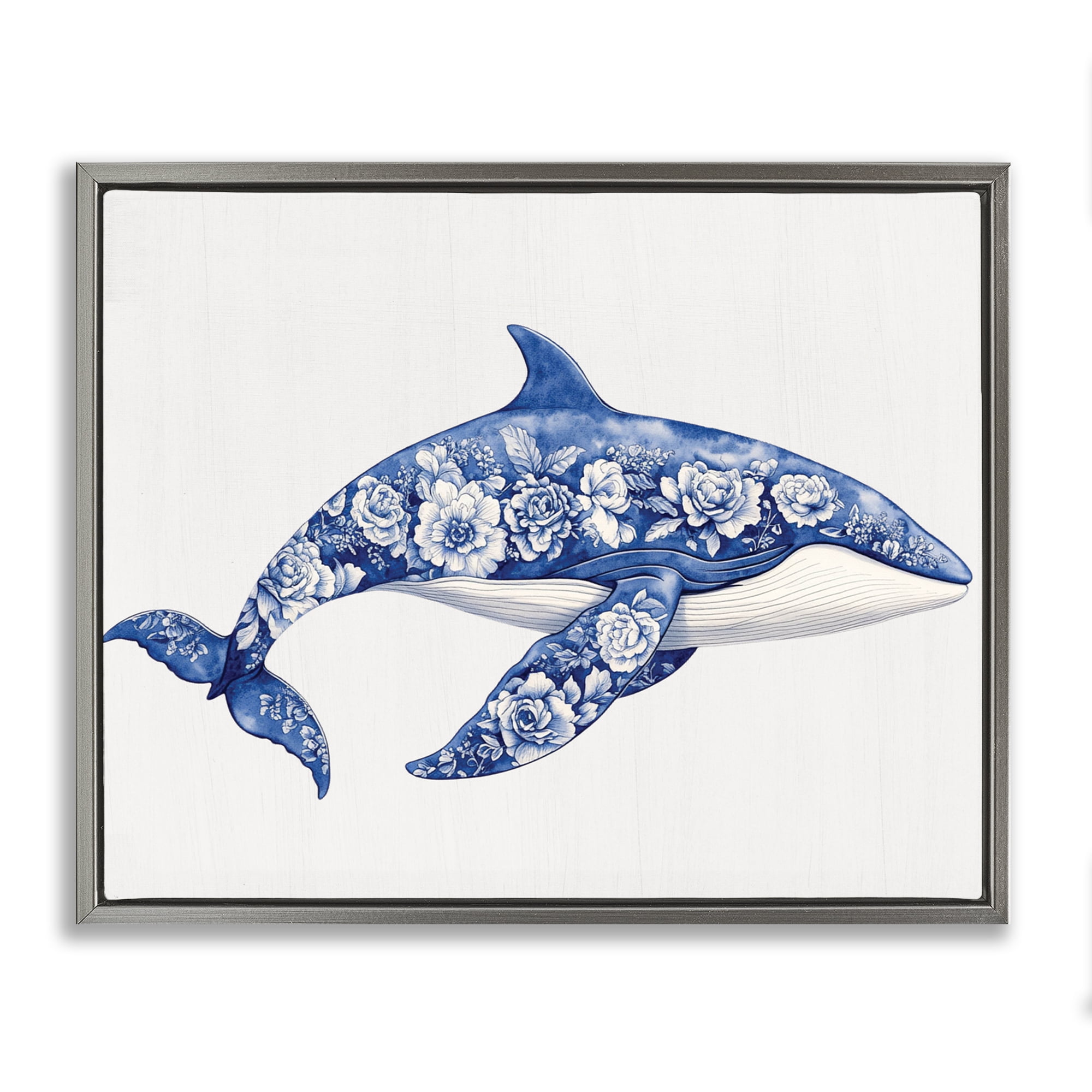 Floral Toile Whale Gray Framed Floater Canvas Wall Art, design by Lettered and Lined