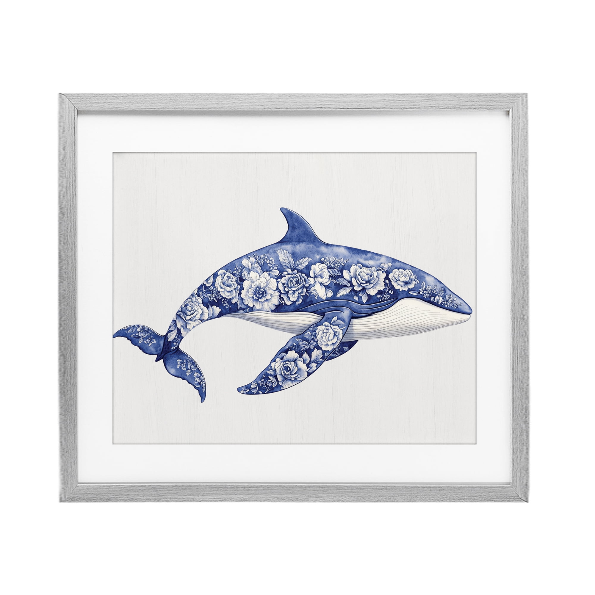 Floral Toile Whale Gray Framed Print Under Glass, design by Lettered and Lined