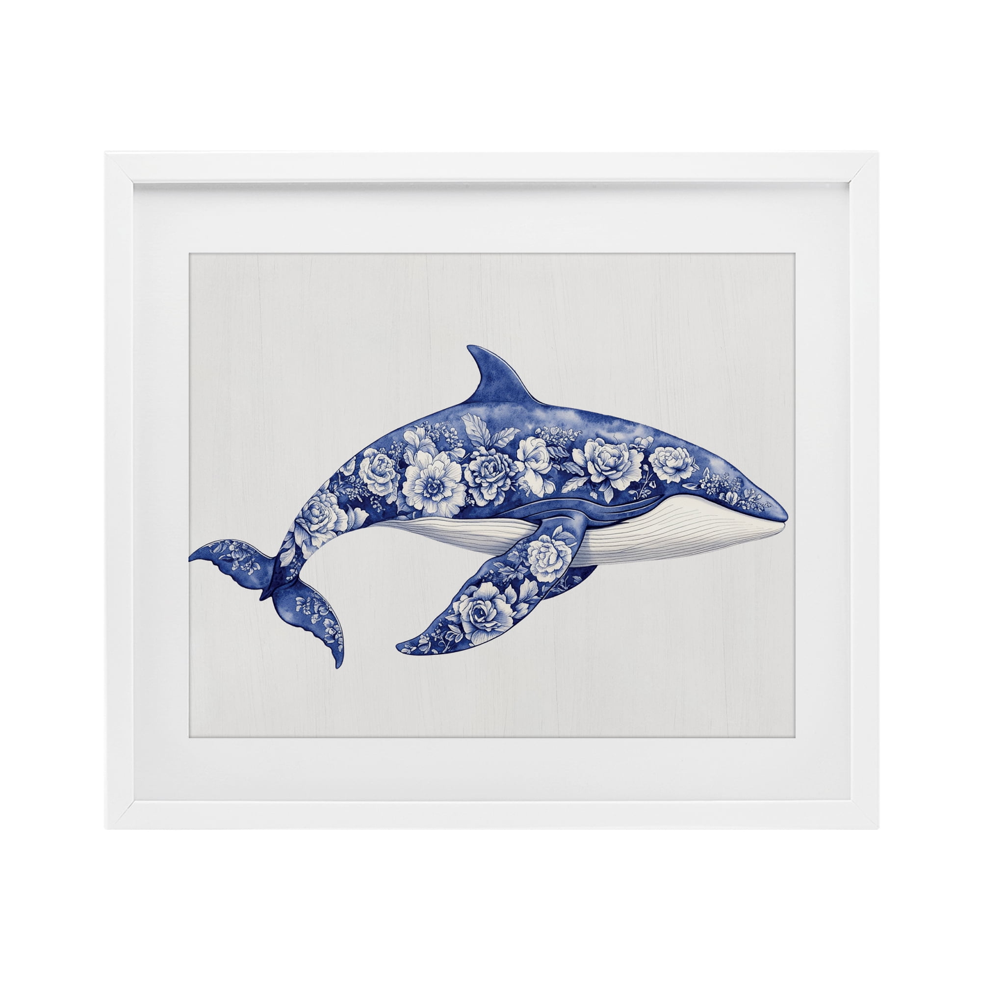 Floral Toile Whale White Framed Print Under Glass, design by Lettered and Lined