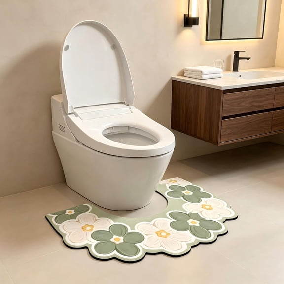 Floral Toilet Rug, 15x25.5Inch Toilet Tugs U Shaped Washable, Reusable Absorbent and Non Slip Bathroom Mat, Bathroom Floor Protector Pads