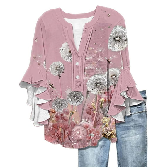 Floral Tops for Women Summer Peplum 3/4 Sleeve Tops Henley Neck Shirts 2025 Trendy Casual Boho Blouses Lounge Ruffle Sleeve Tee Shirts Relaxed Fit Blouses Holiday Beach Clothes