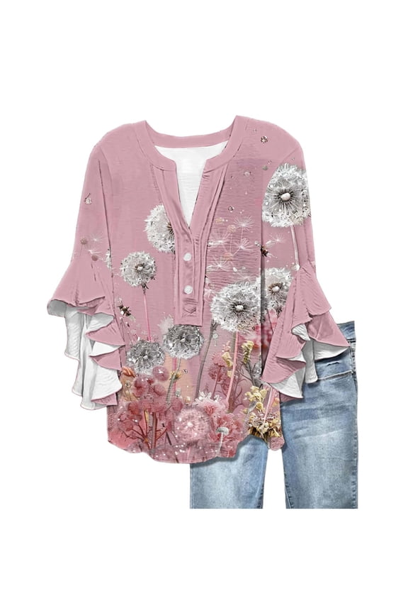 Floral Tops for Women Summer Peplum 3/4 Sleeve Tops Henley Neck Shirts 2025 Trendy Casual Boho Blouses Lounge Ruffle Sleeve Tee Shirts Relaxed Fit Blouses Holiday Beach Clothes