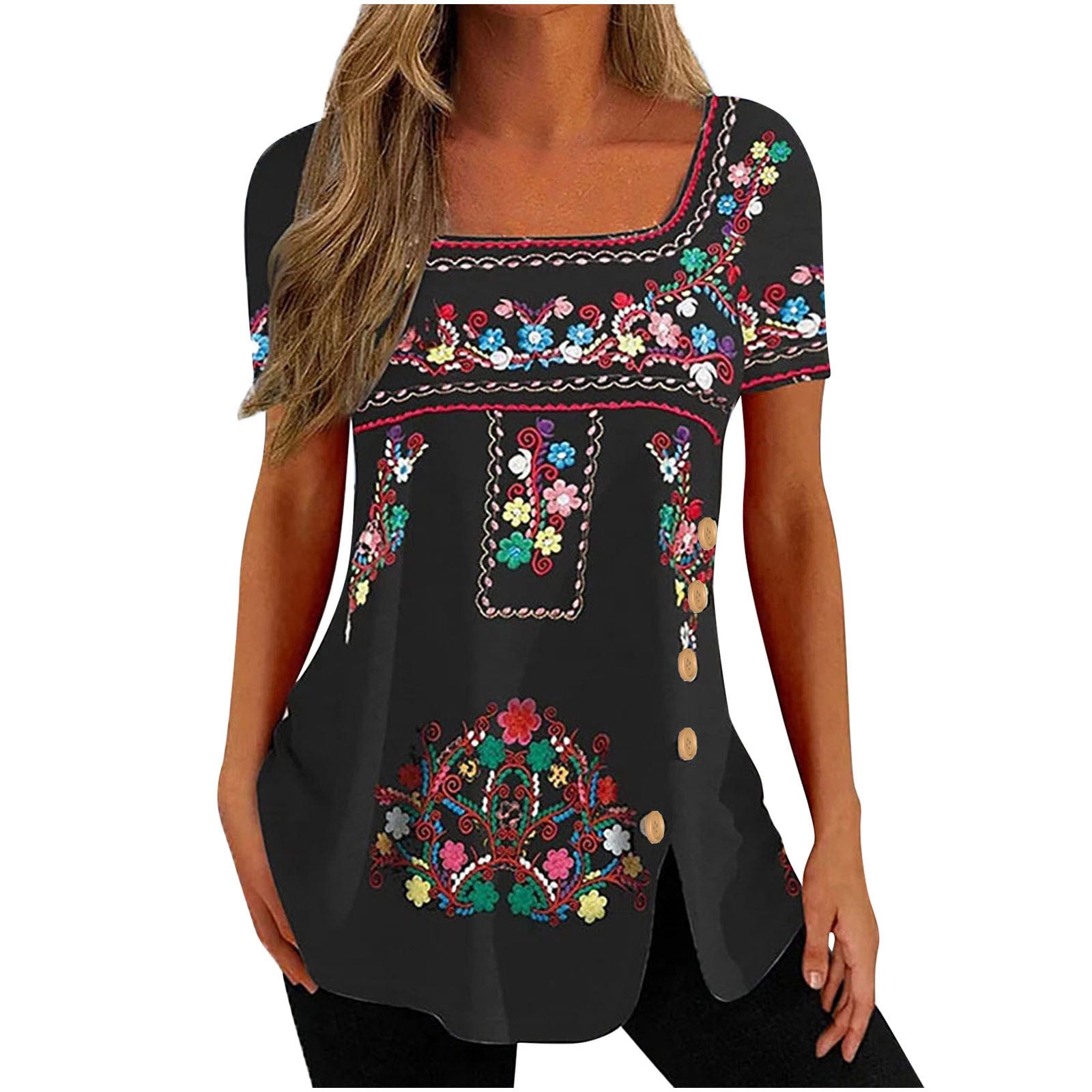 Floral Tops for Women Mexican Fiesta 2023 Square Neck Short Sleeve