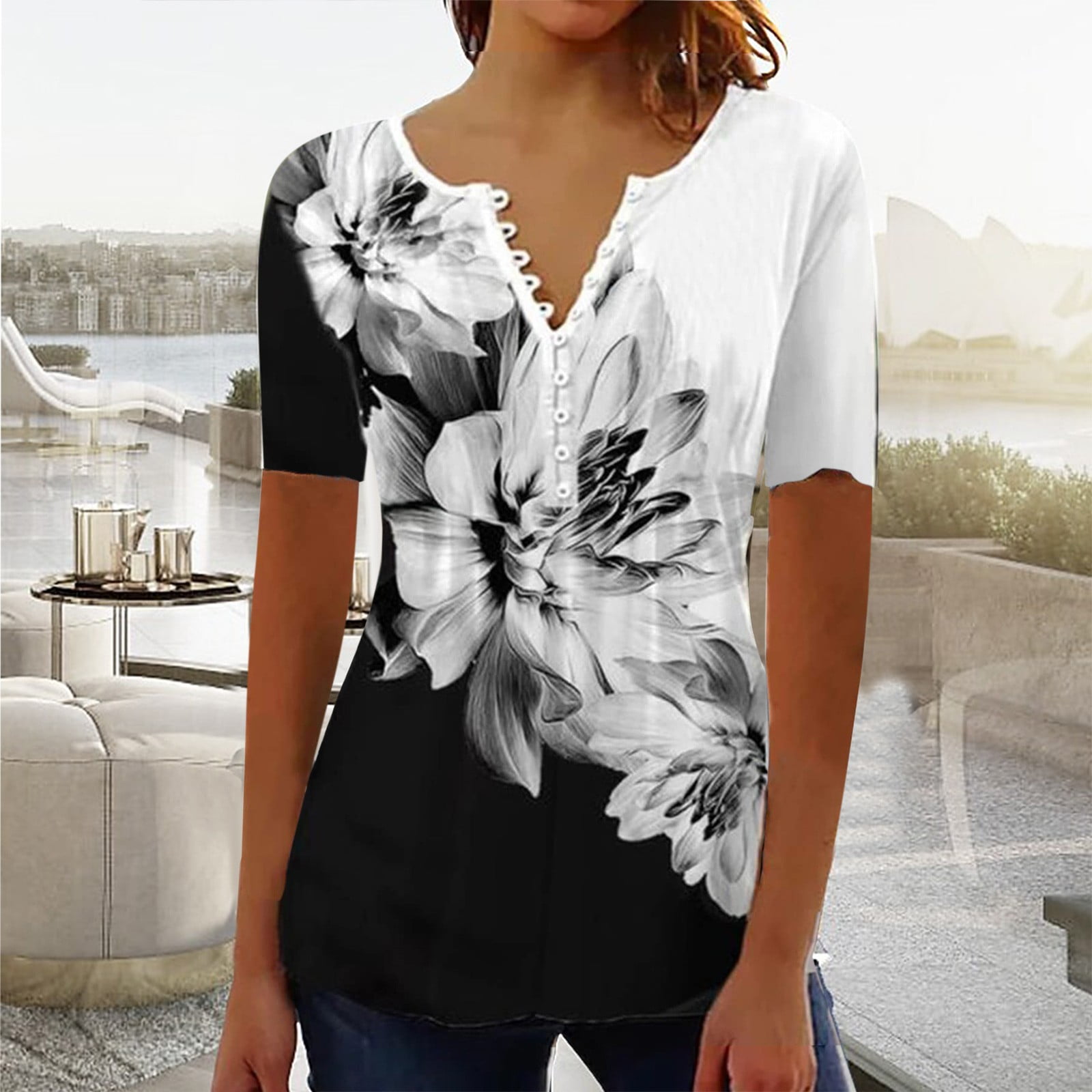 Floral Tops for Women Print Button V Neck T Shirt Short Sleeve 