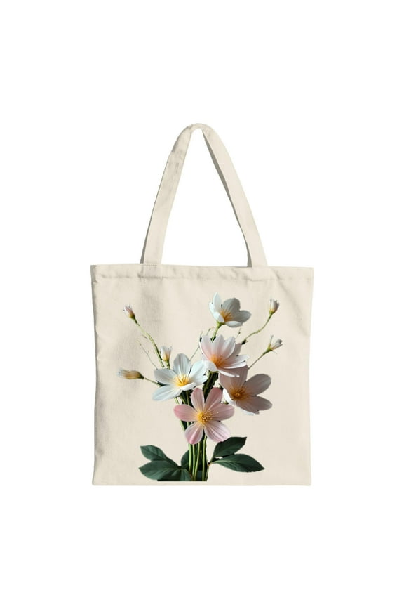 Floral Tote Bag - Pink & White Flower Bouquet with Green Leaves Sturdy Canvas Reusable Shopping Bag for Parties Travel & Everyday Use