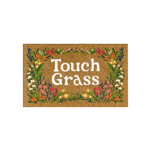 Floral Touch Grass Doormat 47.27×31.49 Inch Brown Welcome Door Mat with Wildflower Wreath Design, Farmhouse Indoor Outdoor Entryway Rug, Non Slip Dirt Trapper Front Porch Floor Mat