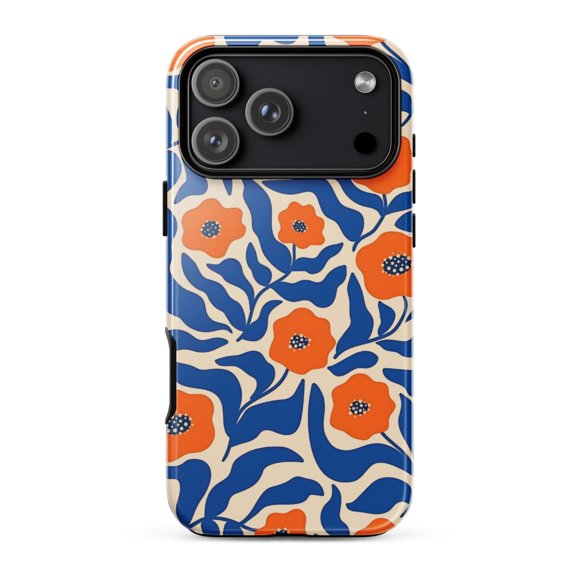 Floral Tough Case for Apple iPhone, Orange Flower Blue Leaf Protective Cover