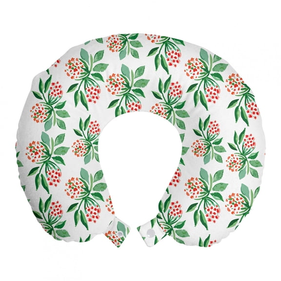 Floral Travel Pillow Neck Rest, Continuous Berries and Leaves Spring Print on Plain Background, Memory Foam Traveling Accessory Airplane and Car, 12", Green Burnt Sienna, by Ambesonne
