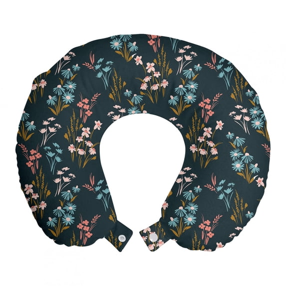 Floral Travel Pillow Neck Rest, Garden Art Pattern with Wild Flowers, Memory Foam Traveling Accessory Airplane and Car, 12", Blue Grey Multicolor, by Ambesonne