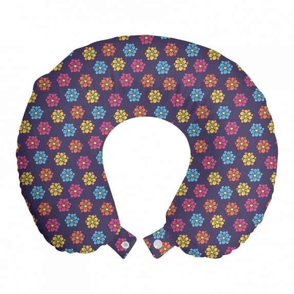 Floral Travel Pillow Neck Rest, Illustration of Symmetrical Colorful Cartoon Flowers Arrangement Pattern, Memory Foam Traveling Accessory Airplane and Car, 12", Dark Indigo Multicolor, by Ambesonne