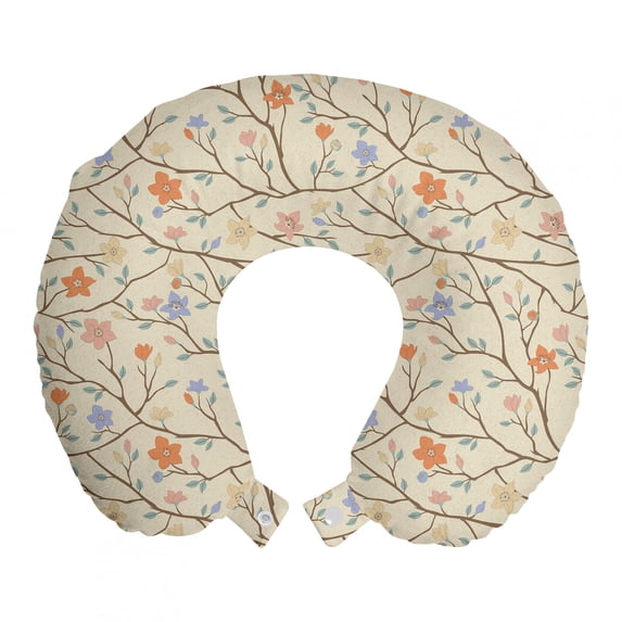 Floral Travel Pillow Neck Rest, Pointed Petals Flowers on Twigs Leaves Buds in Pastel Tender Tones, Memory Foam Traveling Accessory Airplane and Car, 12", Pale Mustard Multicolor, by Ambesonne
