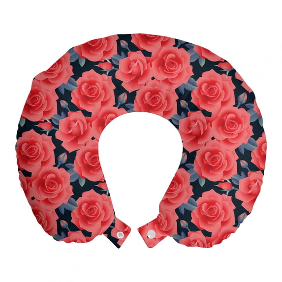 Floral Travel Pillow Neck Rest, Romantic Roses for Lovers Valentines Shabby Perennial Flower Buds Pattern, Memory Foam Traveling Accessory Airplane and Car, 12", Dark Coral Dark Blue, by Ambesonne