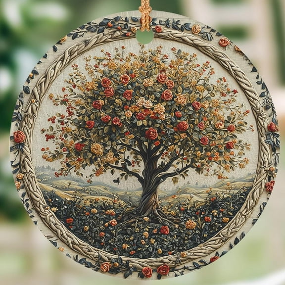 Floral Tree of Life Ceramic Ornament – Rustic Christmas Holiday Decoration