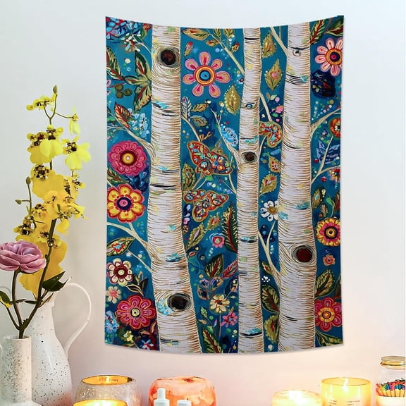 Floral Trees Blue Tapestry, Colorful Butterflies and Flowers Bohemian Wall Hanging, Vibrant Tapestries for Spring Decor in Bedroom, Living Room, Dorm 30x40 Inch