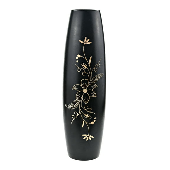 Floral Tropical Garden Hand Carved Wooden Flower 14-Inch Vase