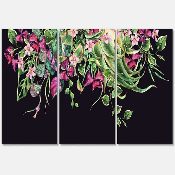 Floral Tropical Leaves On Black Background 28 in x 36 in Painting Canvas Art Print, by Designart