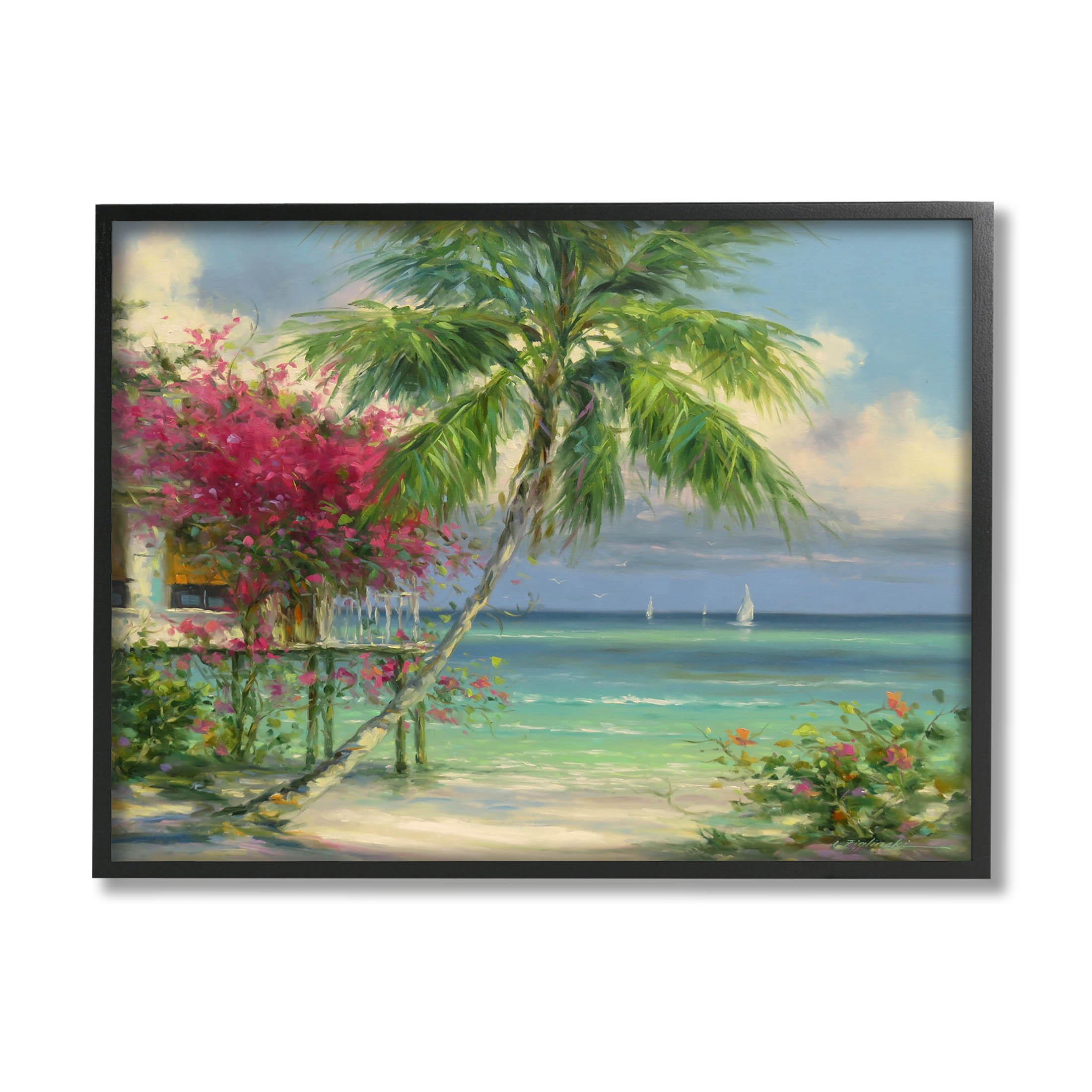 Floral Tropical Summer Vacation Resort Landscape Painting Black Framed Art Print Wall Art