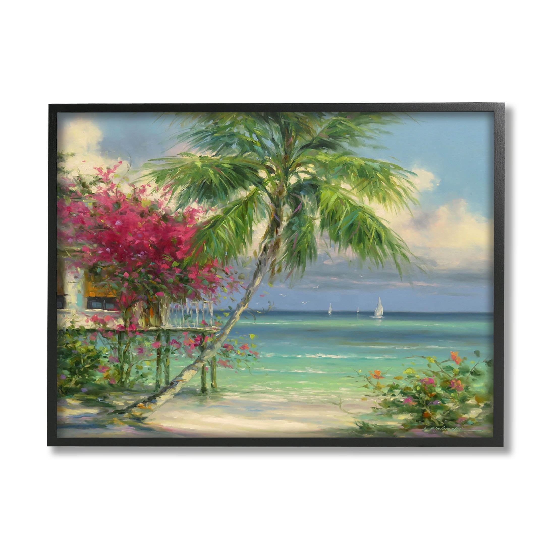 Floral Tropical Summer Vacation Resort Landscape Painting Black Framed Art Print Wall Art