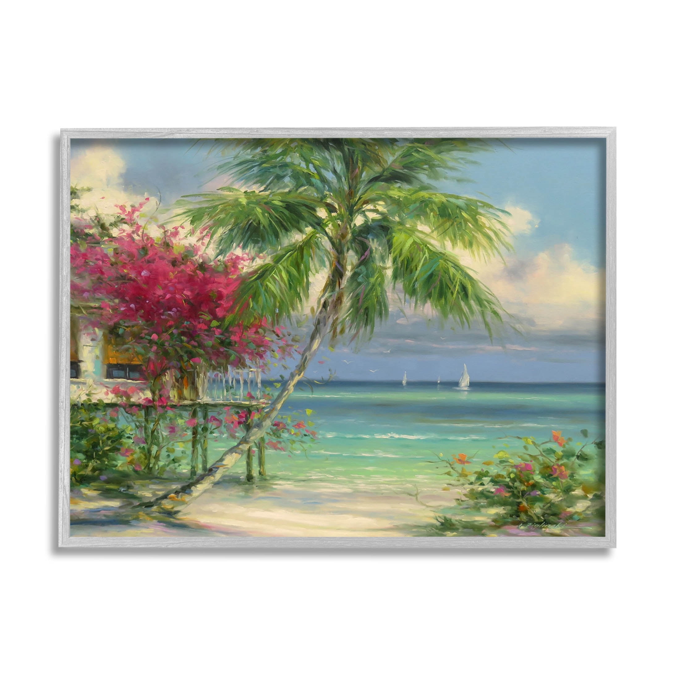 Floral Tropical Summer Vacation Resort Landscape Painting Gray Framed Art Print Wall Art