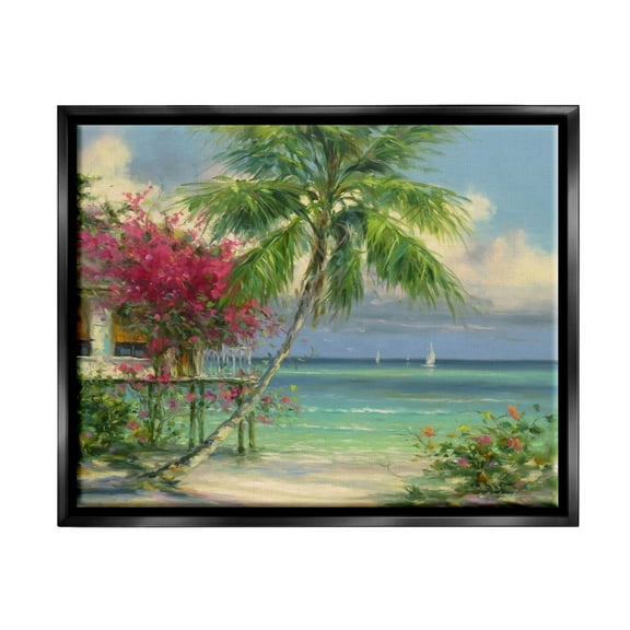 Floral Tropical Summer Vacation Resort Landscape Painting Jet Black Framed Art Print Wall Art
