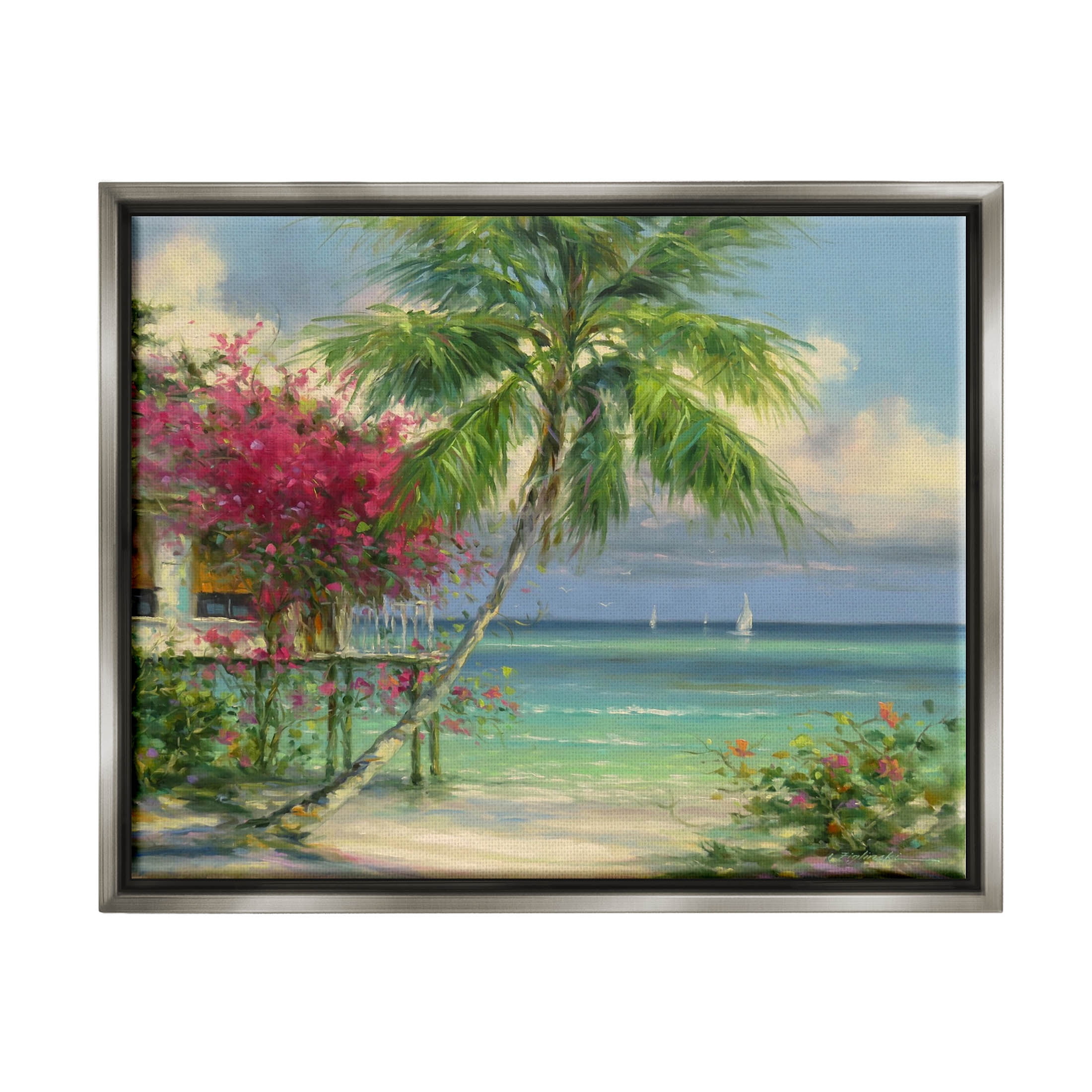 Floral Tropical Summer Vacation Resort Landscape Painting Luster Gray Framed Art Print Wall Art