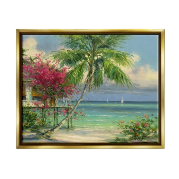 Floral Tropical Summer Vacation Resort Landscape Painting Metallic Gold Framed Art Print Wall Art