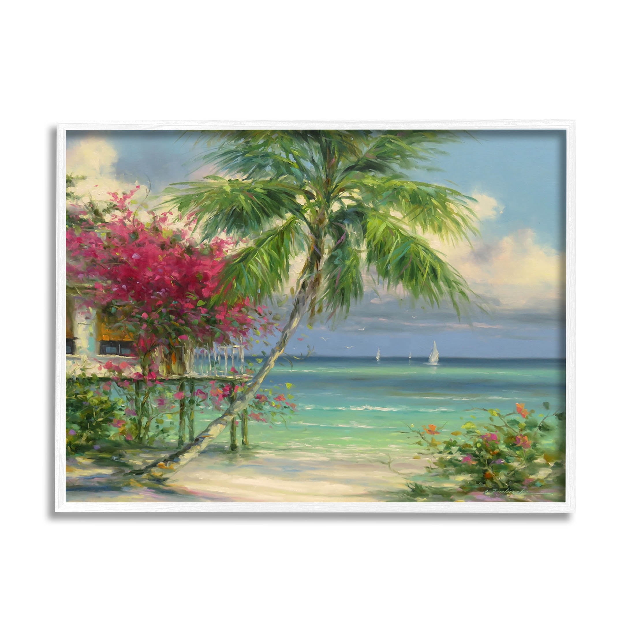 Floral Tropical Summer Vacation Resort Landscape Painting White Framed Art Print Wall Art