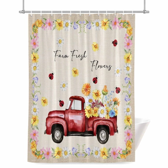 Floral Truck Shower Curtain, Country Farm Colorful Daisy Flower Red Truck Linen Texture Waterproof Shower Curtain Set with 12 Hooks Lightweight Bath Curtains Fabric Bathroom Decor 60x72 Inches