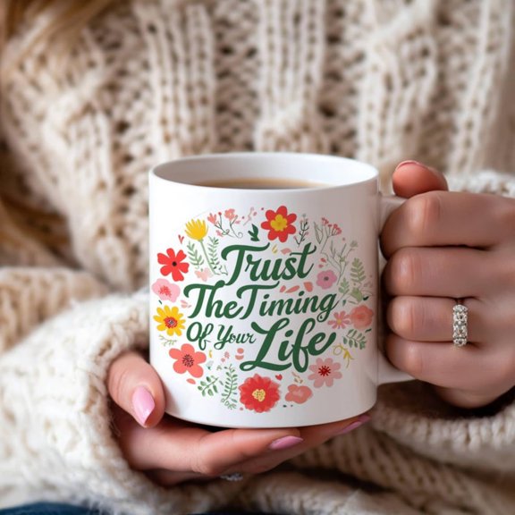Floral 'Trust The Timing' Ceramic Mug Posit Affirmation Gift.