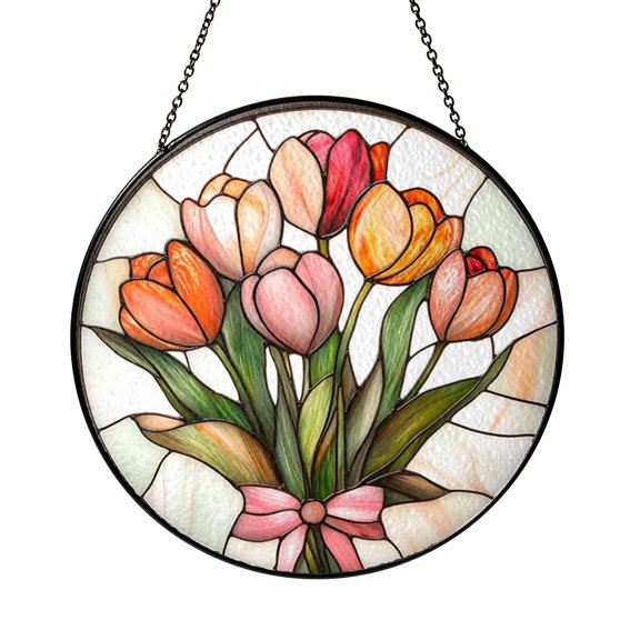 Floral Tulip Bouquet Resin Suncatcher, Stained Glass Style Window Hanging Decor for Living Room Accent Gift
