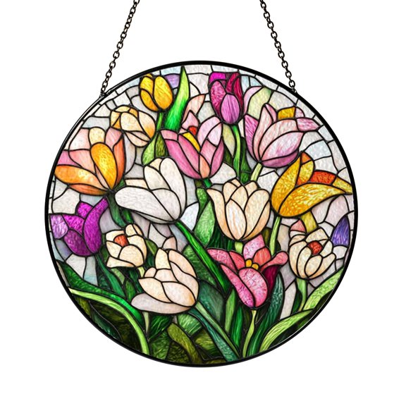 Floral Tulip Stained Glass Suncatcher Window Decor, Bright Spring Tulip Flowers Glass Panel Art, Garden Floral Window Decoration, Colorful Tulip Sun Catcher Ornament for Living Room Window