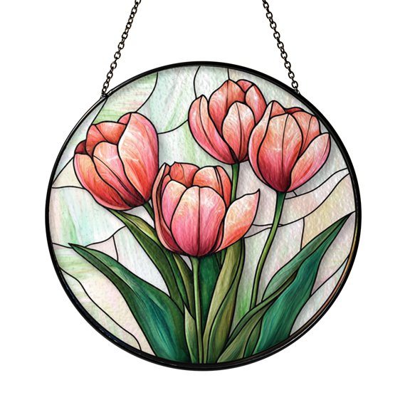 Floral Tulips Glass Window Hanging Decor, Spring Botanical Suncatcher Art, Comforting Gift Idea