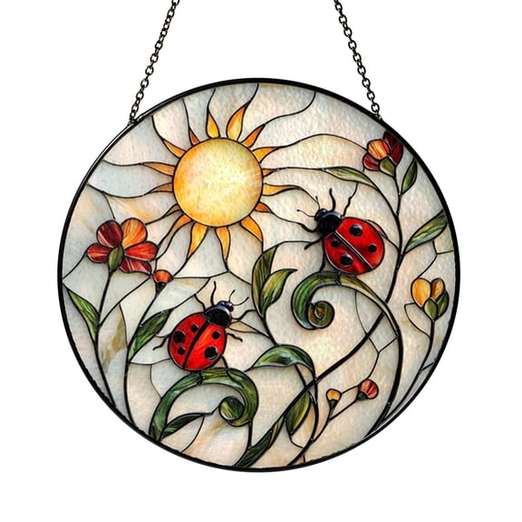 Floral Tulips and Ladybugs Stained Glass Suncatcher Decorative Spring Window Art for Home Interior Display