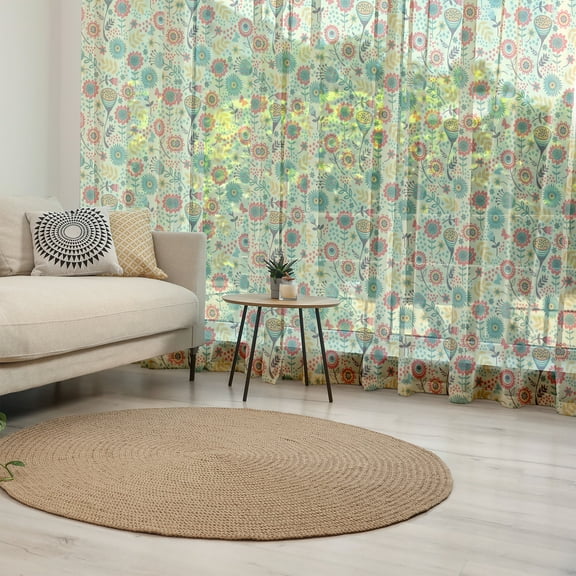 Floral Tulle Curtains with Rod Pocket, Bunch of Flower Gentle Bouquet Botany Garden Leaves Foliage Modern Illustration, Sheer Drape for Wedding Party 2 Panels, 7 Sizes, Multicolor, by Ambesonne